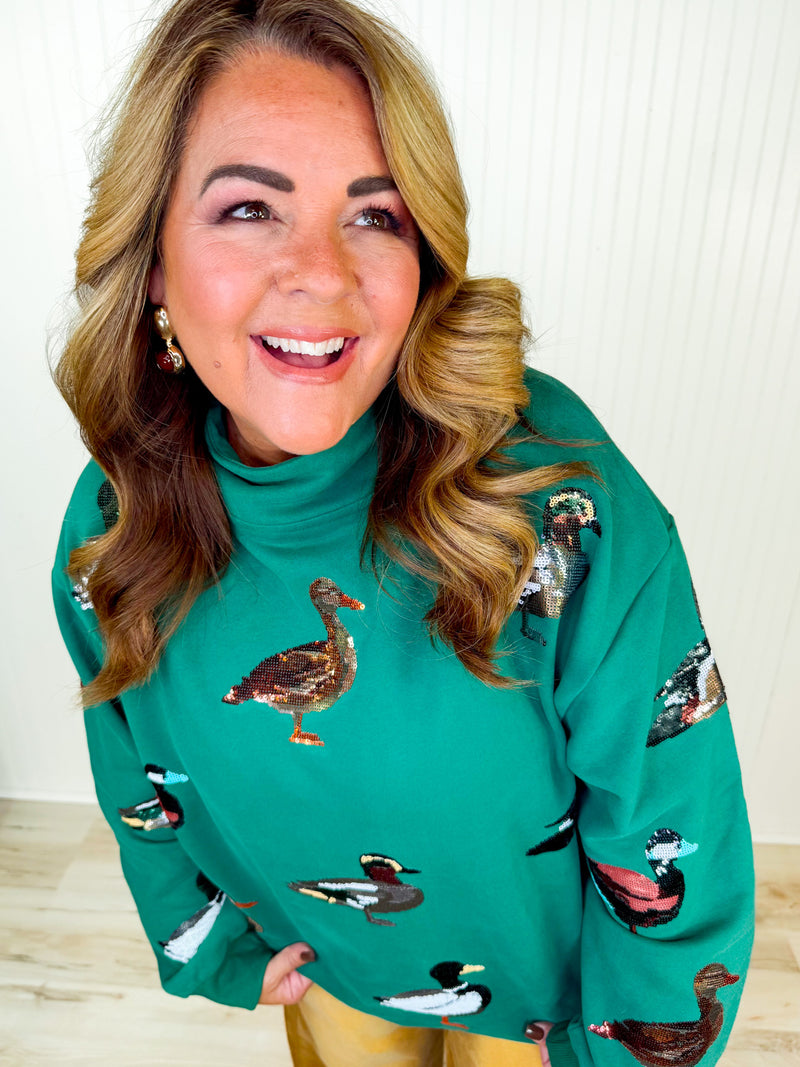 Queen of Sparkles- Green Duck Mock Neck Sweatshirt