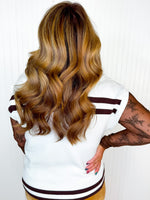 Queen of Sparkles-White & Brown Stripe Gobble Short Sleeve Top