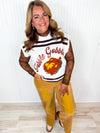 Queen of Sparkles-White & Brown Stripe Gobble Short Sleeve Top
