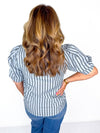 Karlie- Blue Stripe Puff Sleeve Ruffle Top