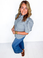 Karlie- Blue Stripe Puff Sleeve Ruffle Top