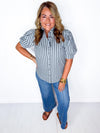 Karlie- Blue Stripe Puff Sleeve Ruffle Top