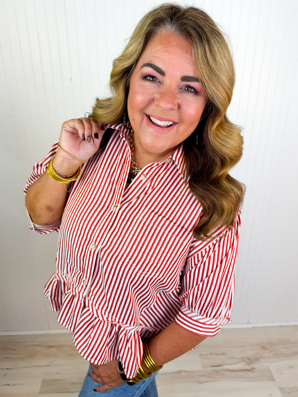 Brick and Cream Striped Button Down