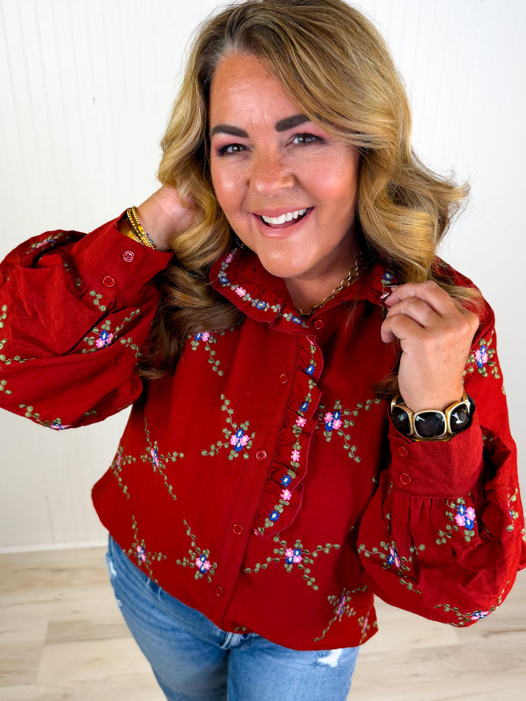 Autumn Floral Embroidered Rust Button Down