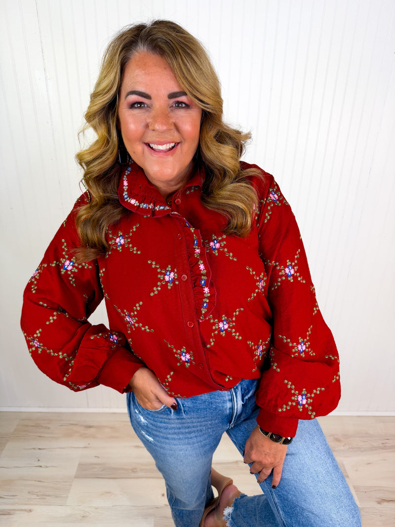 Autumn Floral Embroidered Rust Button Down