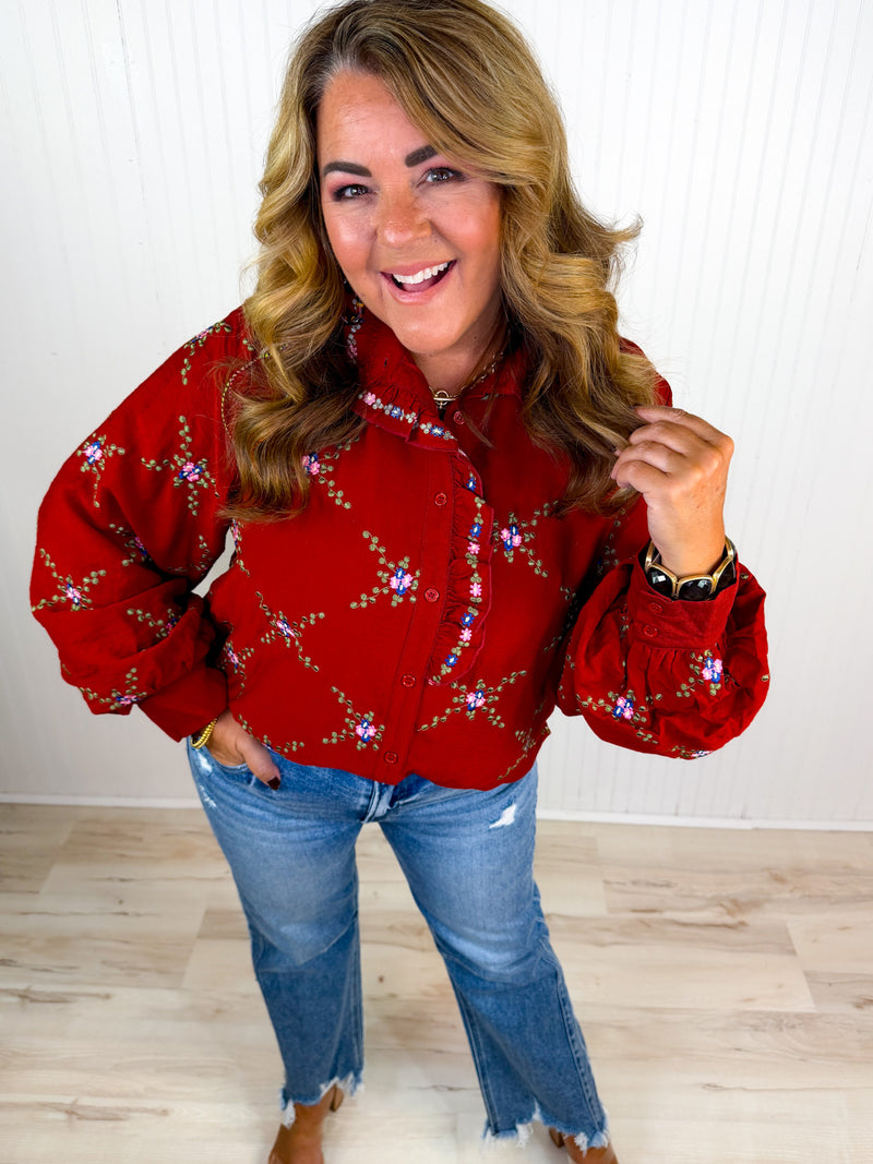 Autumn Floral Embroidered Rust Button Down