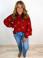 Autumn Floral Embroidered Rust Button Down