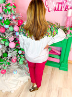 QOS- White Multi Metallic Wreath Cotton Button Up Top