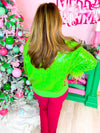 QOS- Green Full Sequin Feather Trim Grinch Heart Sweater