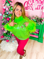 QOS- Green Full Sequin Feather Trim Grinch Heart Sweater
