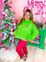 QOS- Green Full Sequin Feather Trim Grinch Heart Sweater
