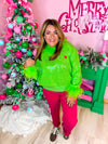 QOS- Green Full Sequin Feather Trim Grinch Heart Sweater