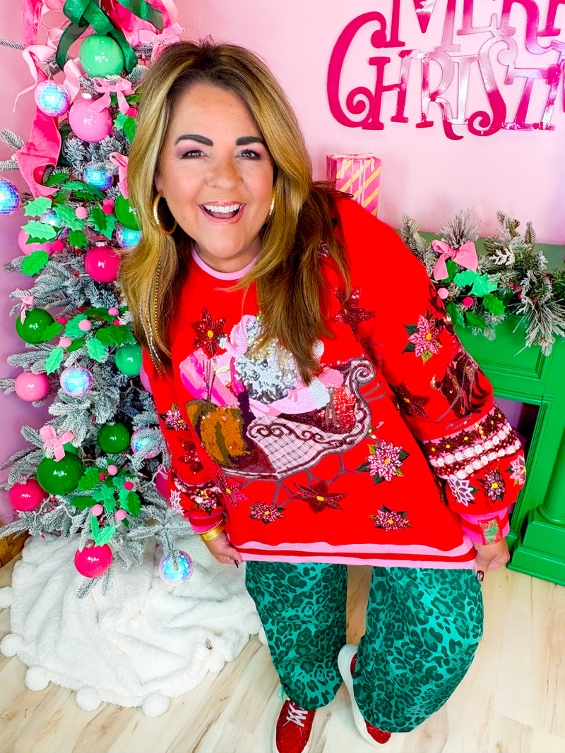 QOS- Pink/Red Vintage Poinsettia Santa Sweatshirt￼