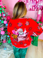 QOS- Pink/Red Vintage Poinsettia Santa Sweatshirt￼
