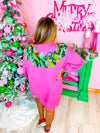 QOS- Bright Pink Knit Dress With Red Bow & Wreath