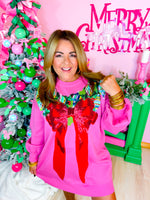 QOS- Bright Pink Knit Dress With Red Bow & Wreath