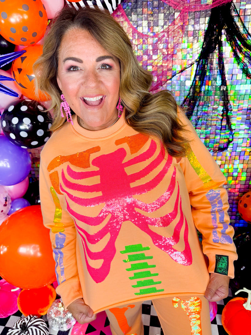 QOS- Neon Orange Skeleton Sweatshirt