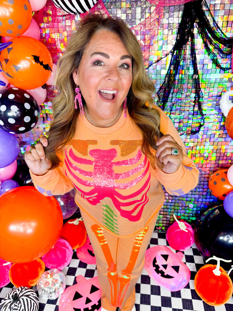 QOS- Neon Orange Skeleton Sweatshirt