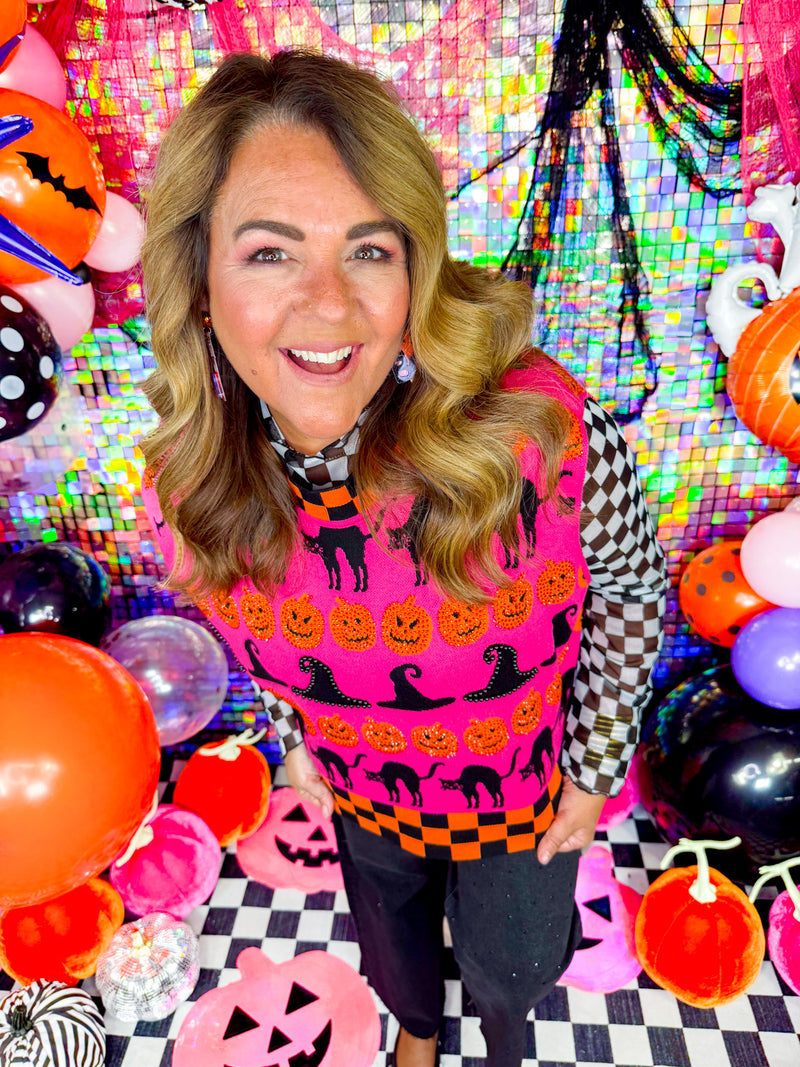 QOS- Pink, Orange Halloween Sweater Top