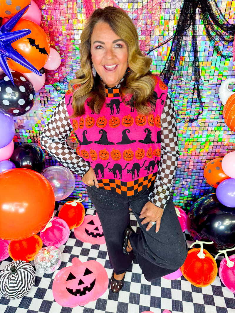QOS- Pink, Orange Halloween Sweater Top