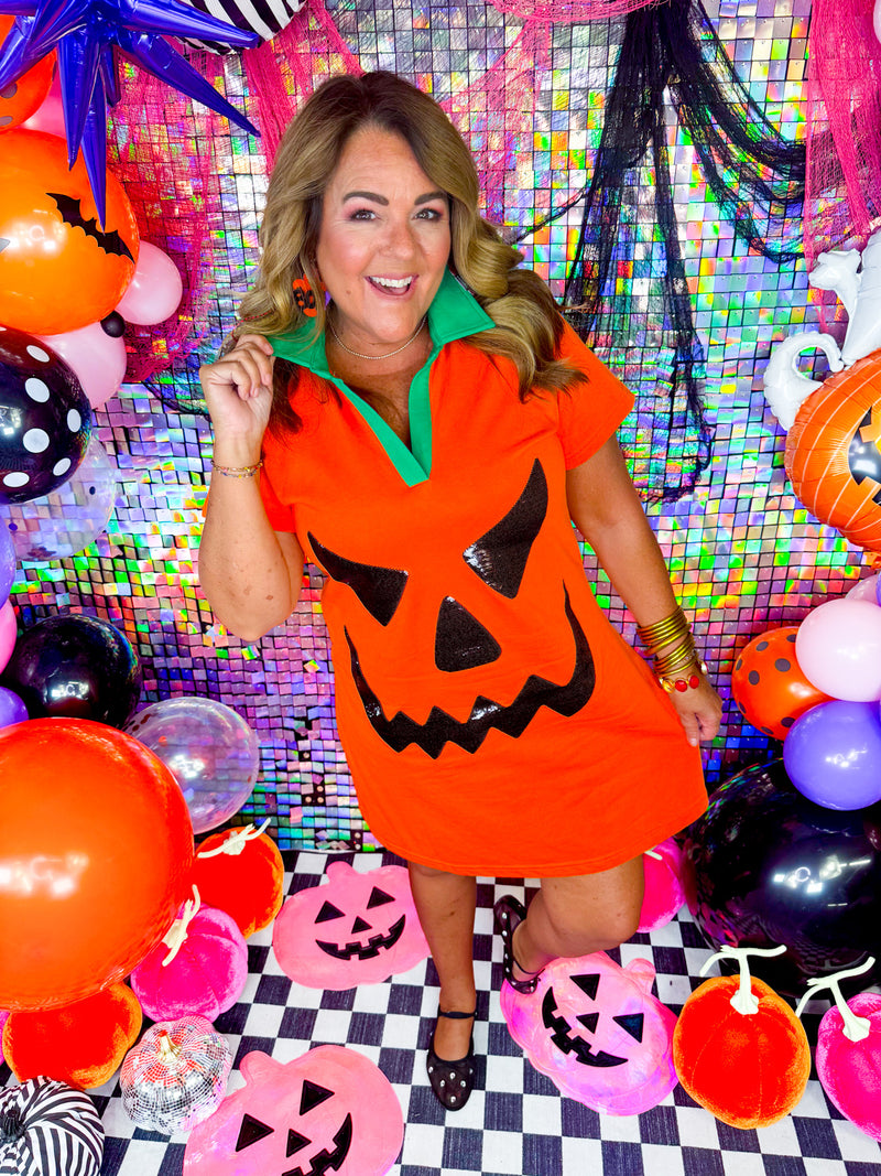 QOS- Orange Pumpkin Face Dress