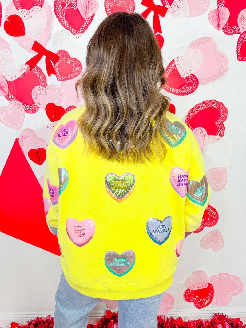 Queen of Sparkles- -Yellow Positive Candy Hearts Sweatshirt