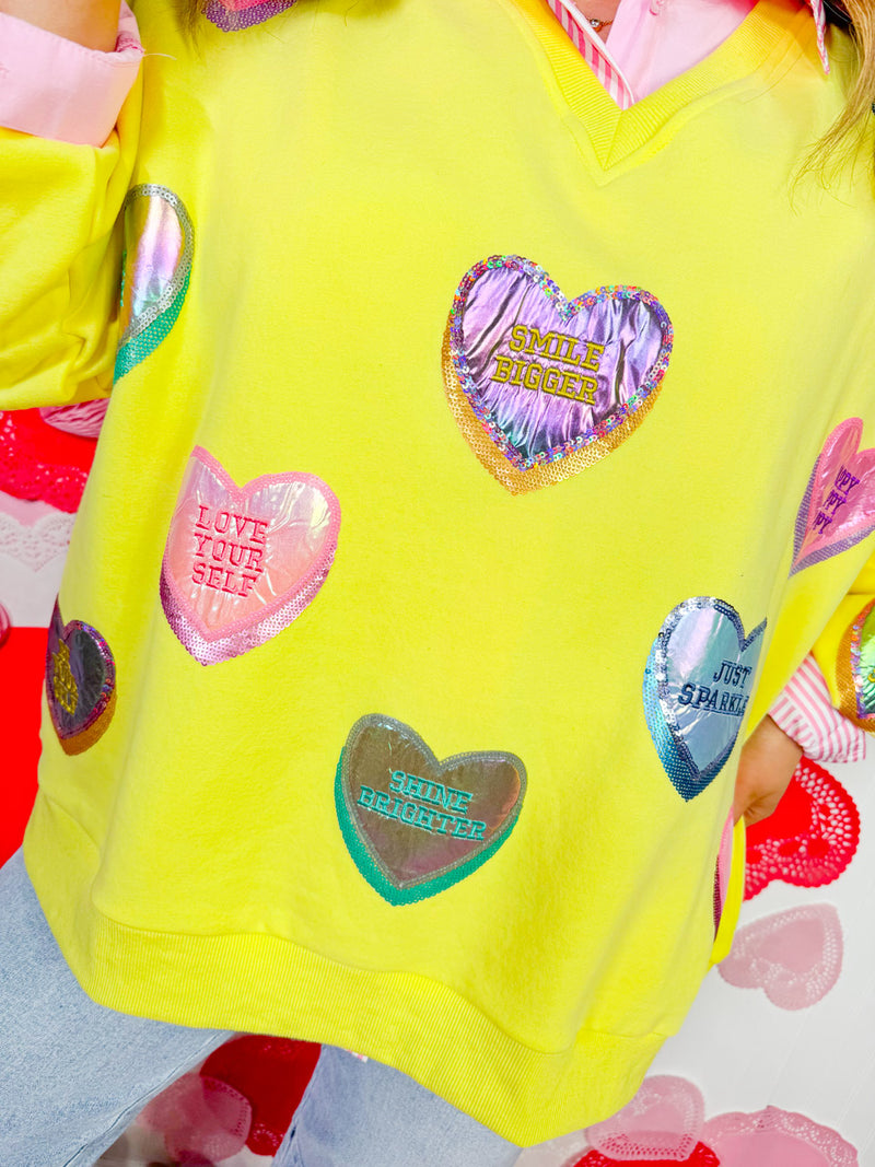 Queen of Sparkles- -Yellow Positive Candy Hearts Sweatshirt