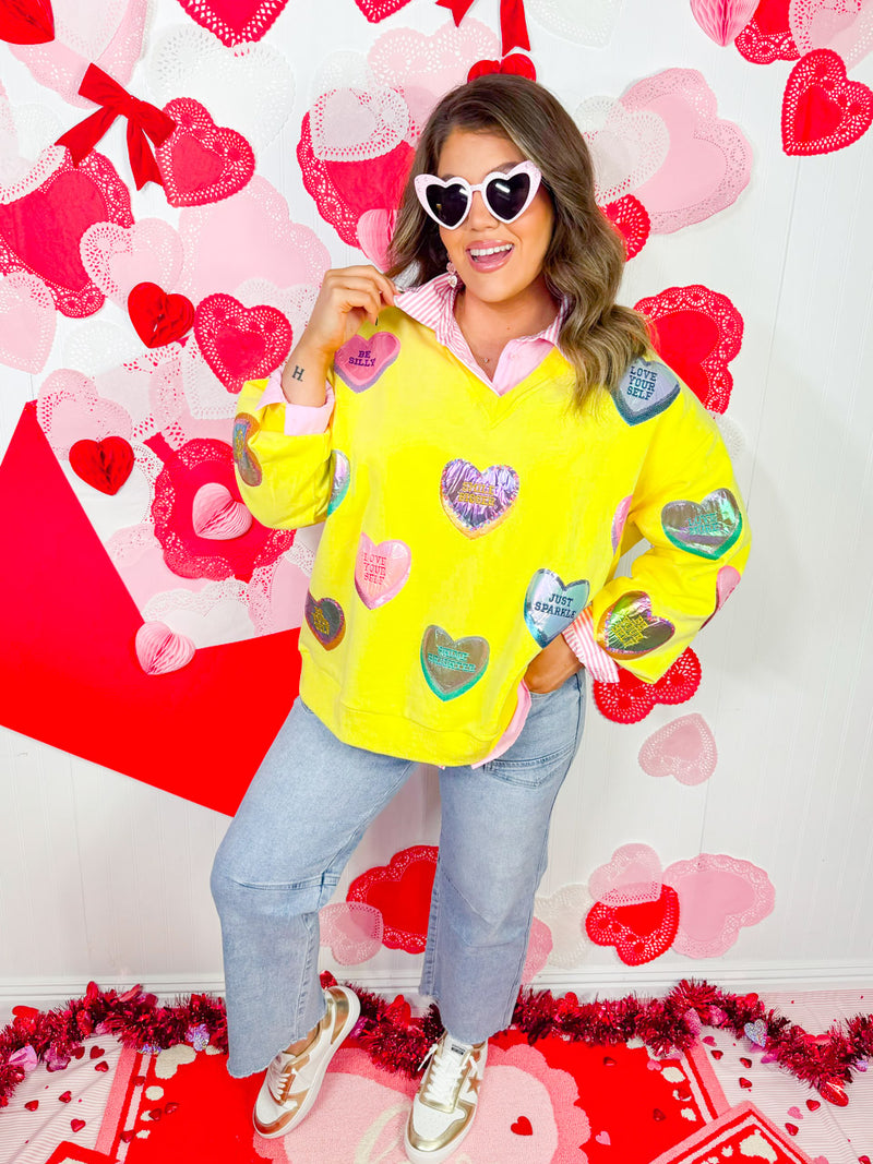 Queen of Sparkles- -Yellow Positive Candy Hearts Sweatshirt