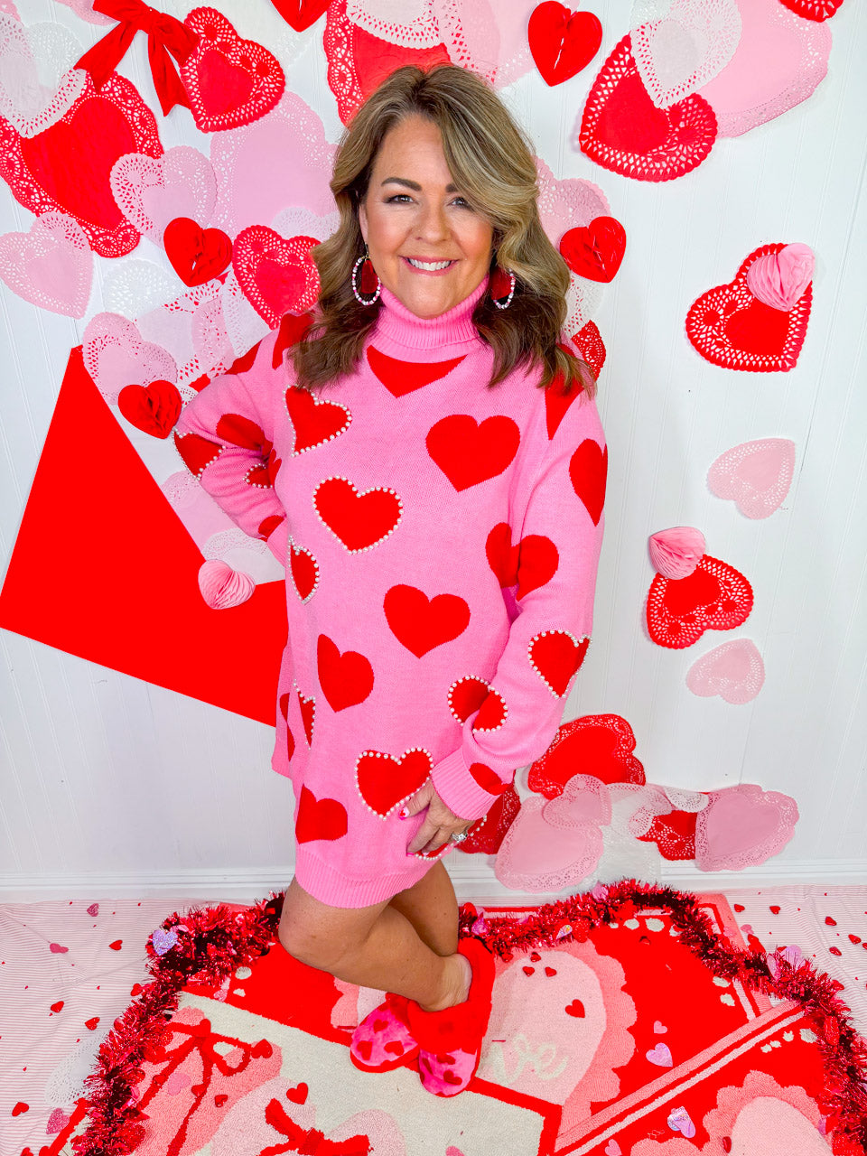 Brianna Cannon- Red Hearts and Pearls Sweater Tunic/Dress