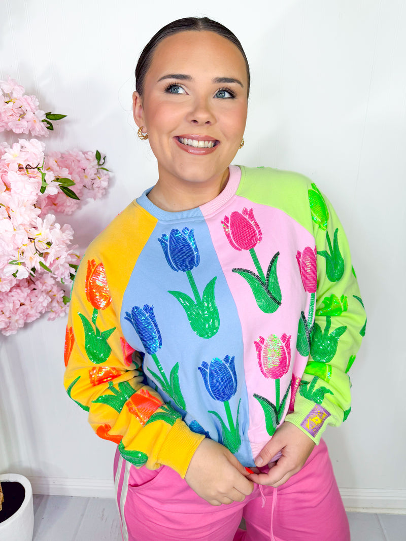 QOS- Neon Colorblock Tulip Sweatshirt