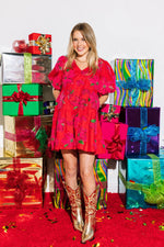 QOS Red Poinsettia Poof Sleeve Dress