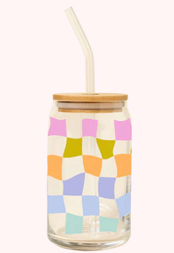 Can Glass w/ Straw- Carnival Checkered