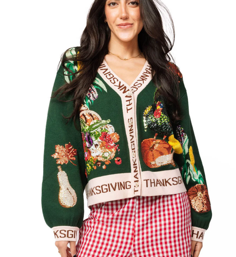 QOS-  Dark Green "Thanksgiving" Button Cardigan ￼