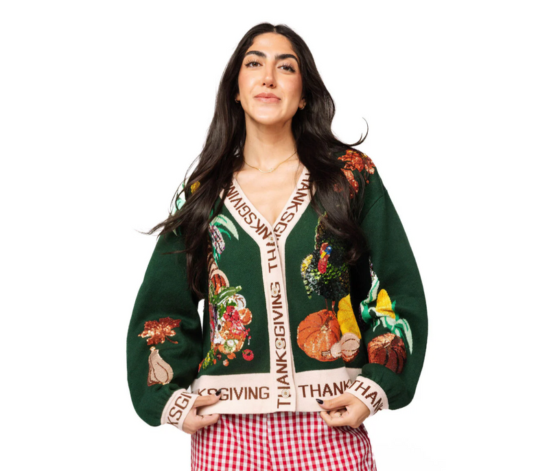 QOS-  Dark Green "Thanksgiving" Button Cardigan ￼