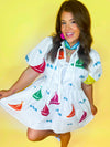 Queen of Sparkles - White Rainbow Sailboat Cotton Tie Dress