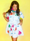 Queen of Sparkles - White Rainbow Sailboat Cotton Tie Dress