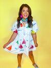 Queen of Sparkles - White Rainbow Sailboat Cotton Tie Dress
