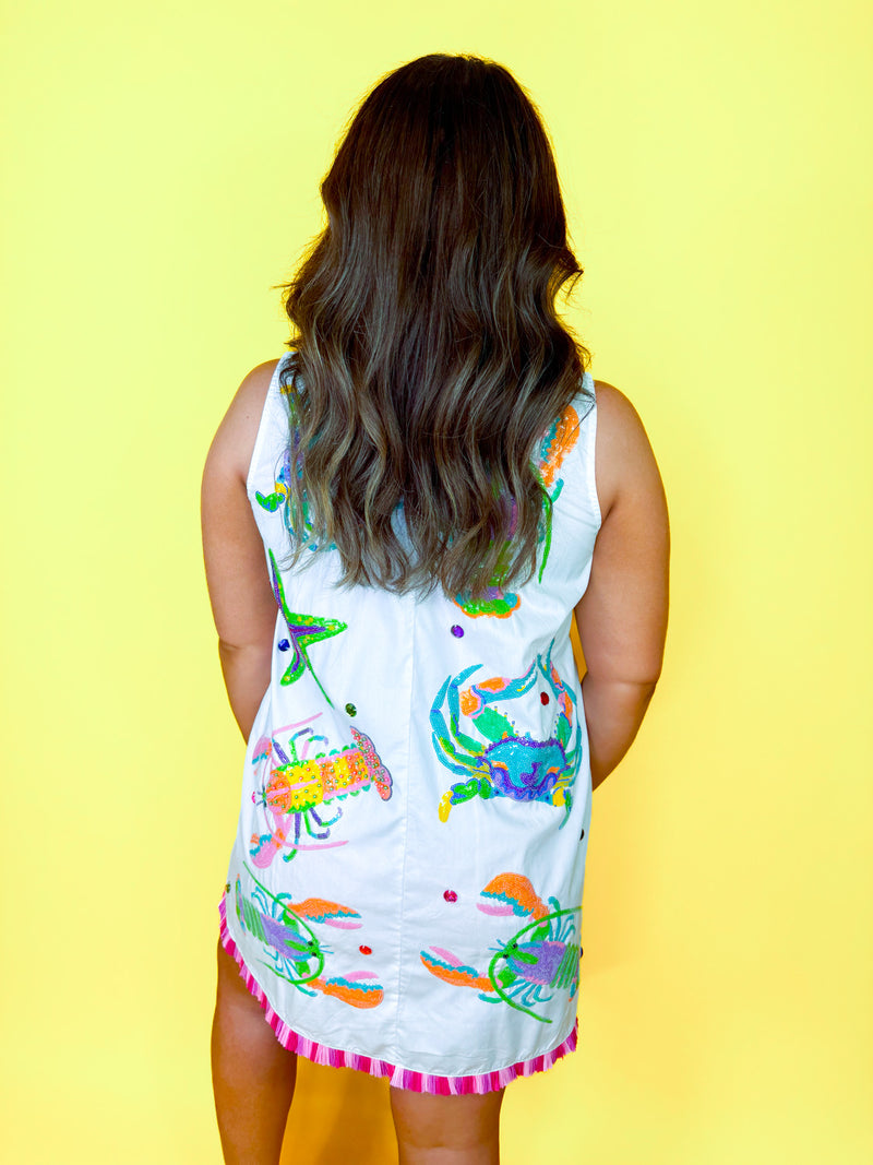 Queen of Sparkles - White Multi Crab, Starfish & Lobster Tank Fringe Dress