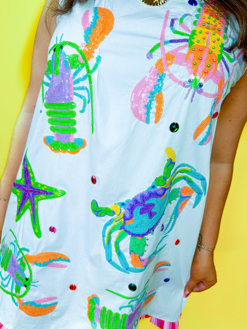 Queen of Sparkles - White Multi Crab, Starfish & Lobster Tank Fringe Dress